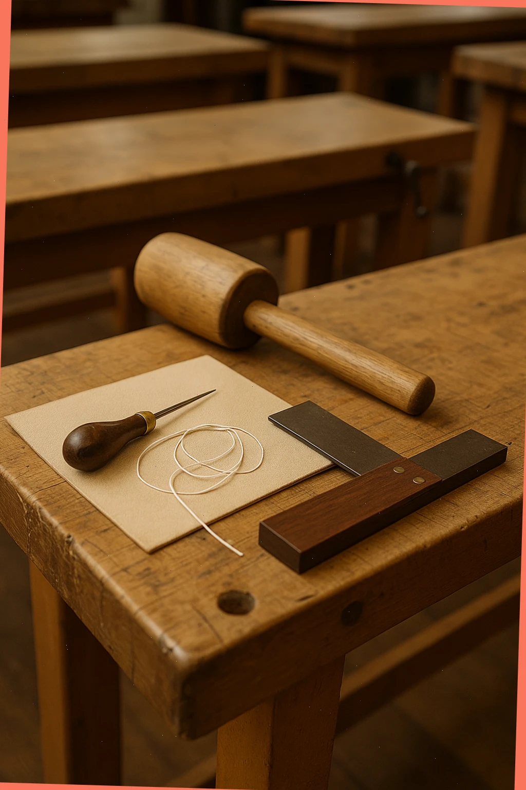 bench with awl, mallet, linen thread and square laid out for a class